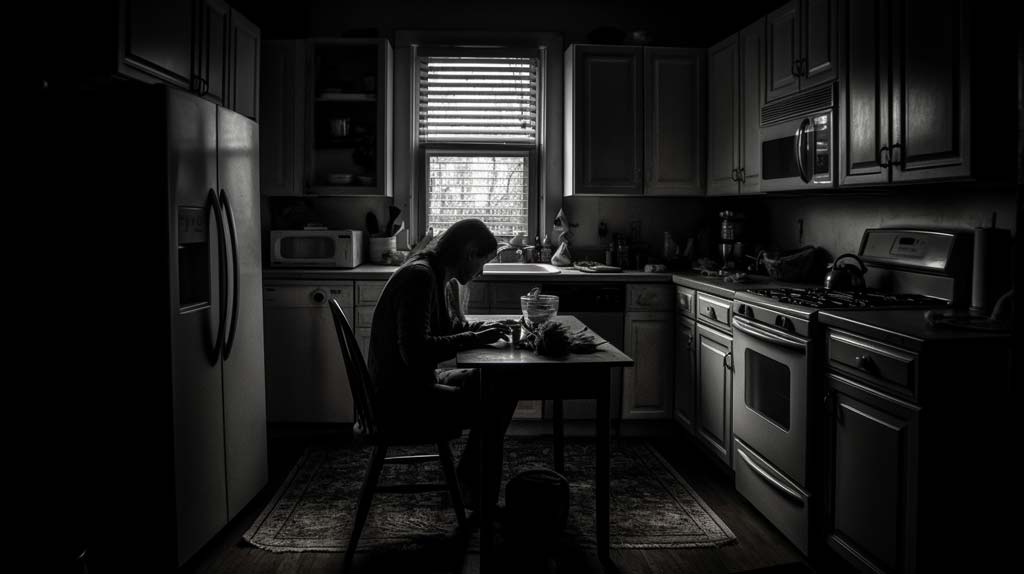 A poignant image set in a typical home environment, with a person engaged in a mundane task. However, a dark shadow or cloud hangs ominously over them, symbolizing the internal struggles of fear and stress they carry within their daily life.