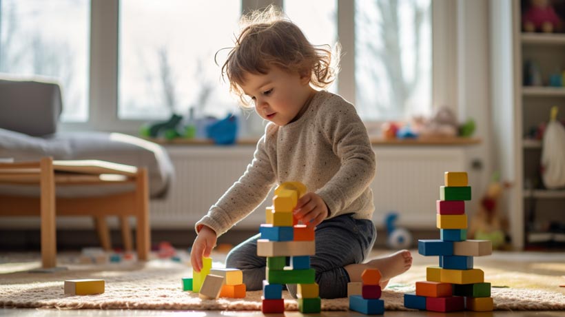 The image 'Building Patience: A Child's Concentration in Block Construction' captures a young child deeply engrossed in building a tower of blocks. The child is seated on a brightly colored rug in a well-lit room, a pile of blocks scattered around them. The tower they're building is precariously tall, a testament to their patience and concentration.