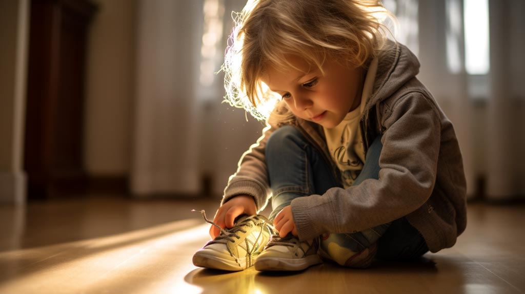 A Child's Journey in Learning to Tie a Shoelace' captures a young child around the age of 6 or 7, sitting on the floor in a softly lit room. The child is focused, their eyes wide with curiosity as they learn to tie a shoelace, symbolizing the concept of teaching patience to kids.
