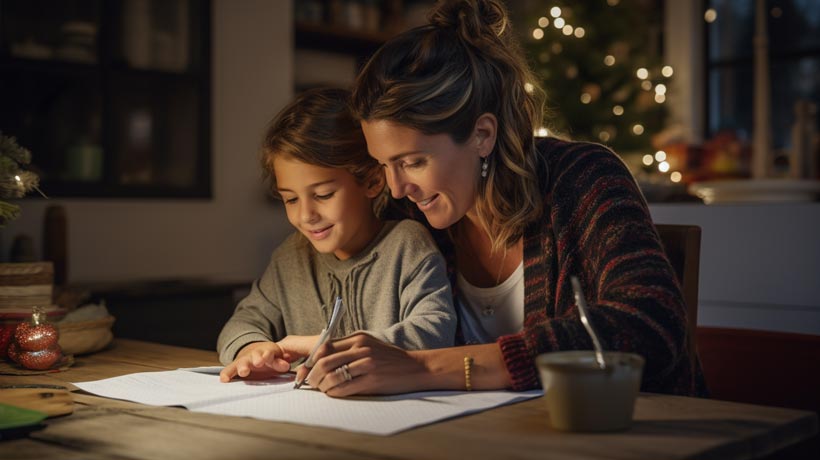 The image 'Teaching Patience to Kids: A Parent's Guide in Homework Assistance' captures a parent and child sitting at a kitchen table, working together on homework. The parent is patiently explaining a concept, their hand gently guiding the child's as they write, demonstrating the process of teaching patience to kids.