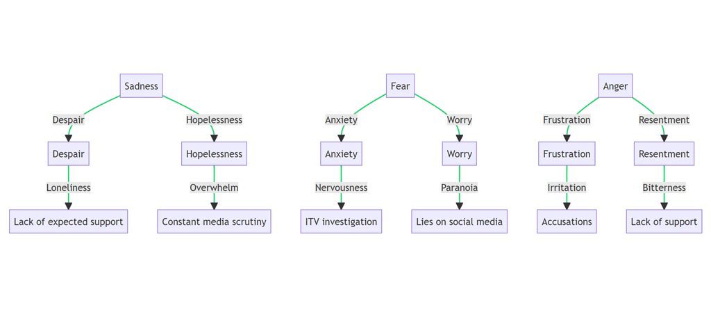 An Emotional Wheel diagram representing the range of emotions expressed by Philip Schofield during the interview. The wheel starts with primary emotions of sadness, fear, and anger at the center, branching out into more specific secondary and tertiary emotions, and finally leading to the contextual factors that evoke these emotions.