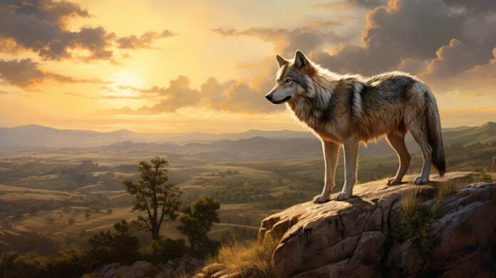The image 'Silent Strength: The Lone Wolf' depicts a lone wolf standing majestically on a hilltop in a serene natural setting, symbolising silent strength and authenticity.