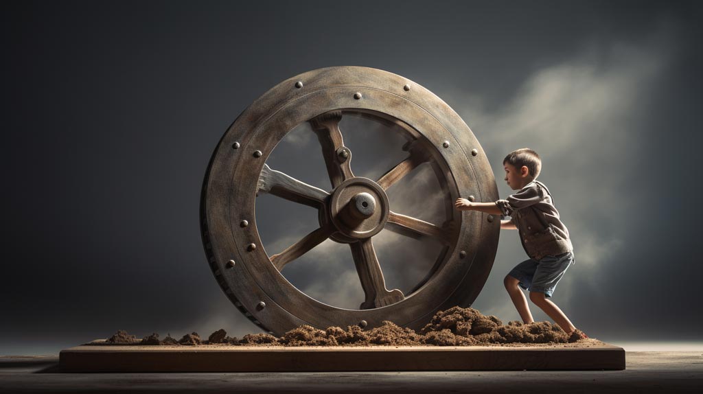 An image depicting a determined child pushing a large, heavy flywheel, symbolising the start of teaching children incremental progress.