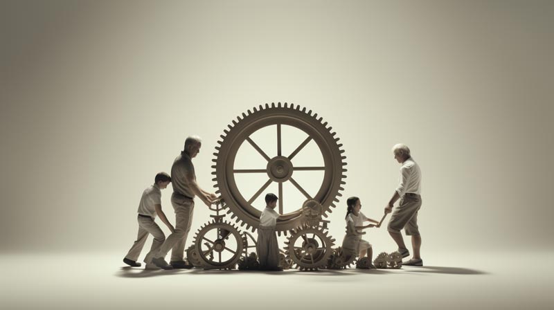An image depicting a family together, each member pushing their own flywheel. The family members, ranging from children to adults, are engaged in the effort of pushing their flywheels, symbolising their individual challenges and efforts. The setting is an open, outdoor space under a clear sky, representing the openness and potential of their efforts.