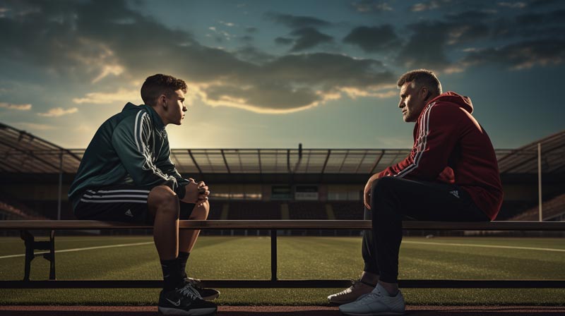 A photorealistic image of a coach and an athlete sitting on a bench, engaged in a serious conversation, with the coach gesturing and the athlete listening intently.