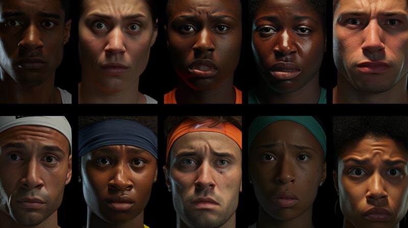 A photorealistic collage of close-up shots of athletes' faces, displaying a range of emotions from determination to stress and anxiety, representing the emotional spectrum in elite sports.