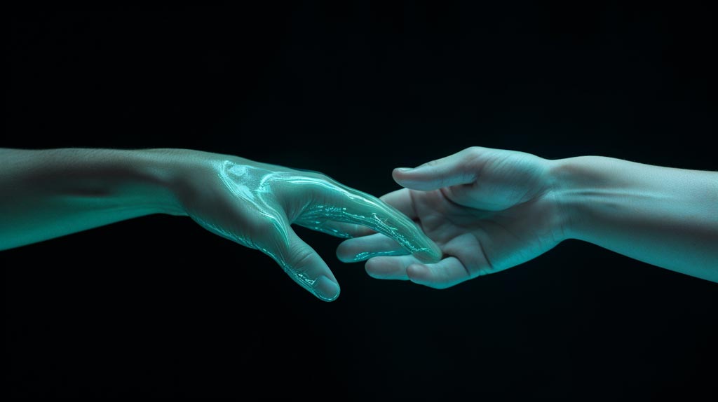 A photorealistic image symbolising 'Depression Support from Strangers'. It depicts two human hands reaching out towards each other, embodying the connection and emotional support between strangers. The calming background in shades of blue or green enhances the theme of tranquillity and health.