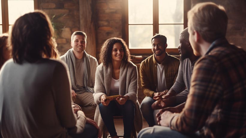 An image depicting a diverse group of people standing in a circle, symbolising a support group. The individuals in the group represent family, friends, and strangers, showcasing the traditional and non-traditional support systems available for individuals dealing with depression.