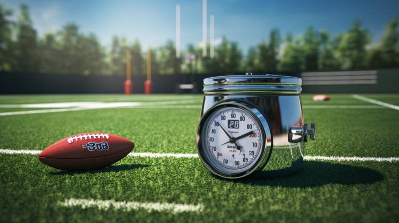 A photorealistic image of a pressure cooker, a stopwatch, and an Olympic medal on a sports field or court demonstrating bullying in elite sports.