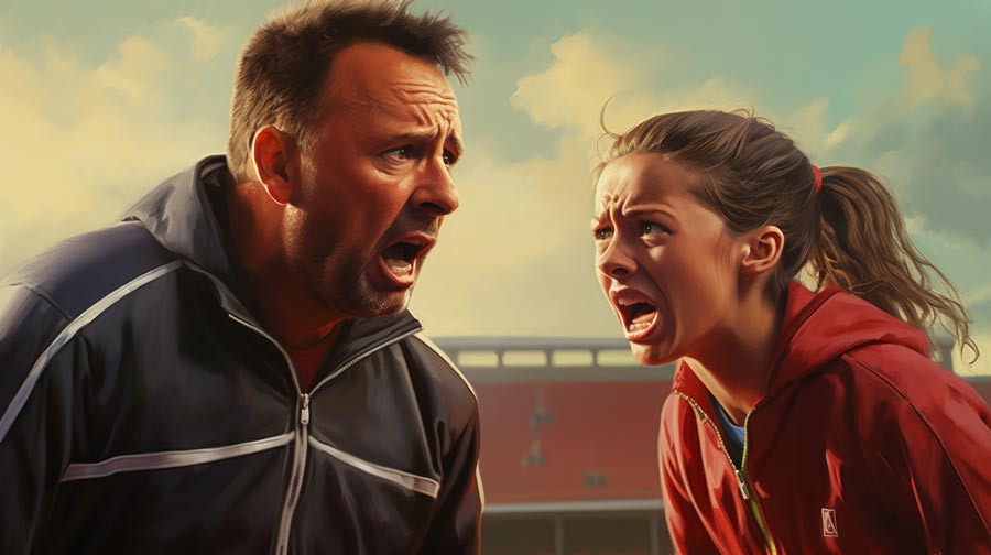 A photorealistic image showing a stern coach shouting at a visibly upset young athlete on a sports field, representing the thin line between motivation and bullying in elite sports.