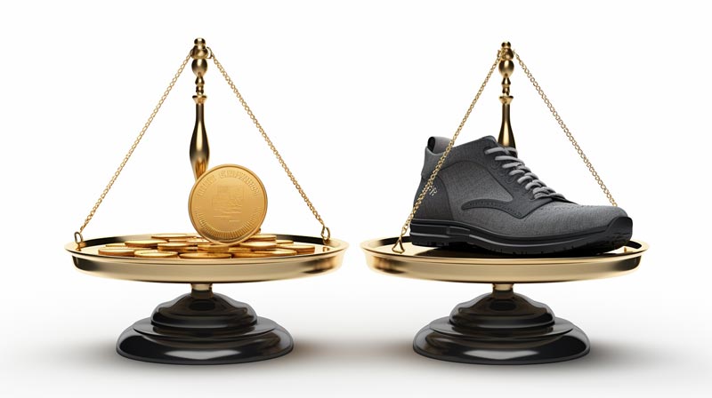 A photorealistic image of a balance scale with a pair of athletic shoes on one side and a gold medal on the other, symbolizing the weight-performance dilemma in elite sports, than can lead to bullying in elite sports.