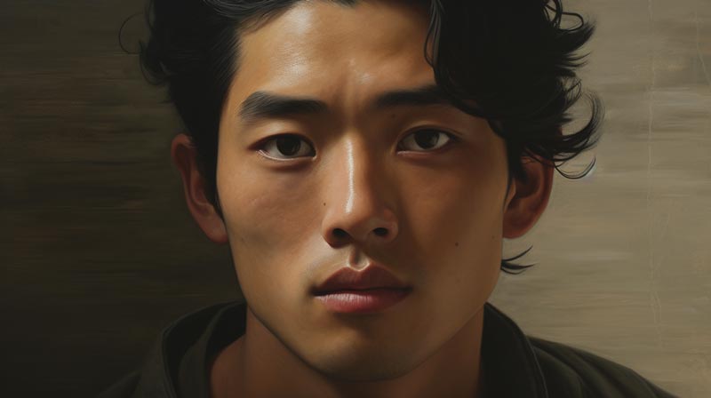 Life of a Face of an Asian man with a serene face, eyes looking into the distance, capturing a moment of introspection and subtly reflecting the emotion of contempt.