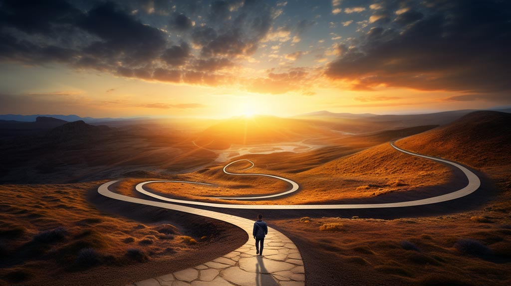 A person standing at the start of a winding path leading towards a horizon lit by the rising sun, symbolising the start of a lifelong learning journey.