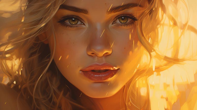 A full face illuminated by the soft golden light of dawn, with eyes shining with optimism and lips expressing hope.