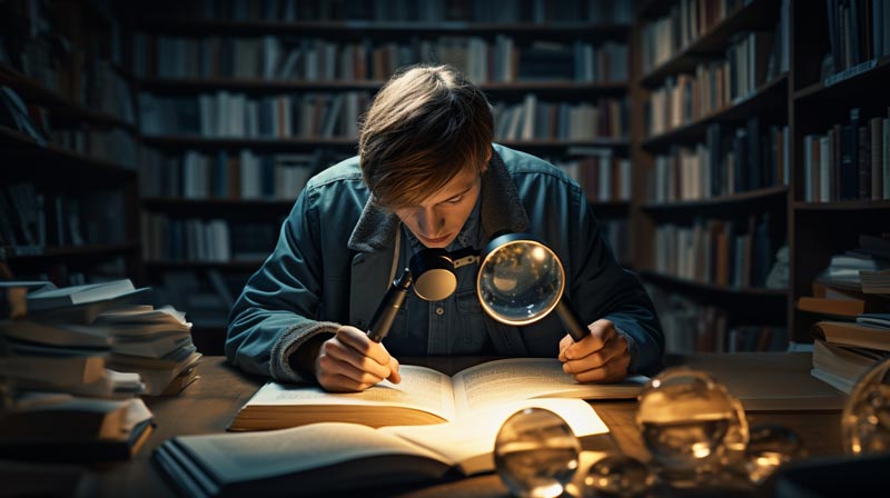 A person standing and looking through a magnifying glass to read a book, symbolising the exploration and discovery.