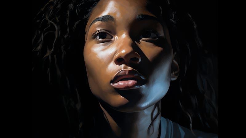 A black lady's face displaying a strong emotion of anger, with shadows highlighting a furrowed brow and tight lips, suggesting deep contemplation or conflict.