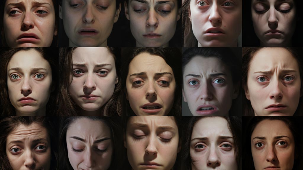 A collage showcasing a single face transitioning through emotions of happiness, surprise, anger, and sadness, the Life of a Face.