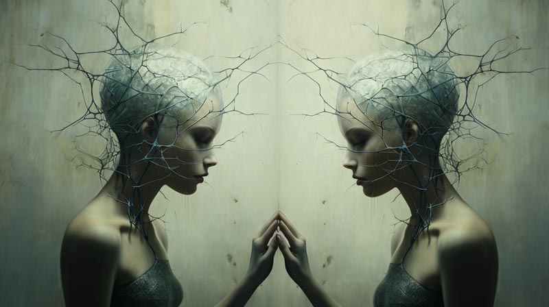 A woman gently touching a mirror, her reflection appearing as a separate yet connected individual, with neuron-like patterns flowing around their heads, symbolising the role of mirror neurons in empathy and connection, set against a harmonious background of grey and green shades.