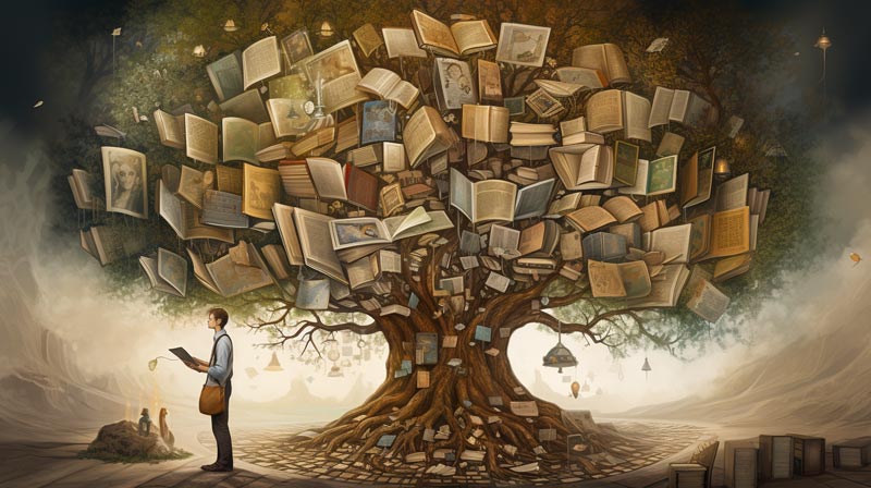 An image of a person standing at the base of a tall, ancient tree full of symbols of knowledge and wisdom, symbolising the potential unlocked through learning and creativity.