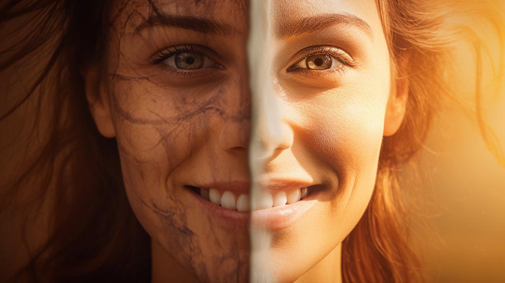 Smiling human face on the left and detailed anatomical illustration on the right, showcasing the muscles and nerves activated when smiling, emphasising the Science of Smiles