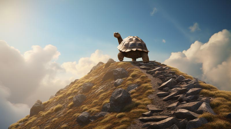 An image of a tortoise climbing a steep hill, symbolising the struggle and determination in the lifelong learning journey.