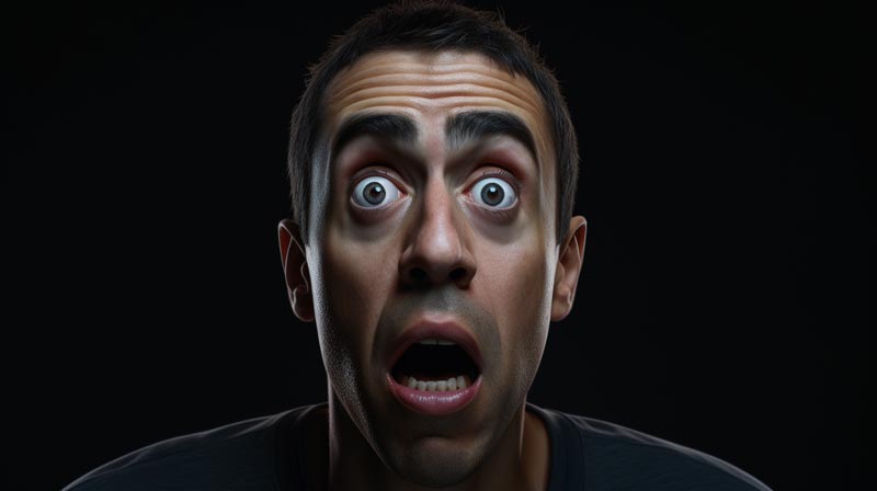 A man's face displaying a clear expression of surprise, with raised eyebrows and wide eyes, suggesting an unforeseen event or revelation, the Life of a Face.