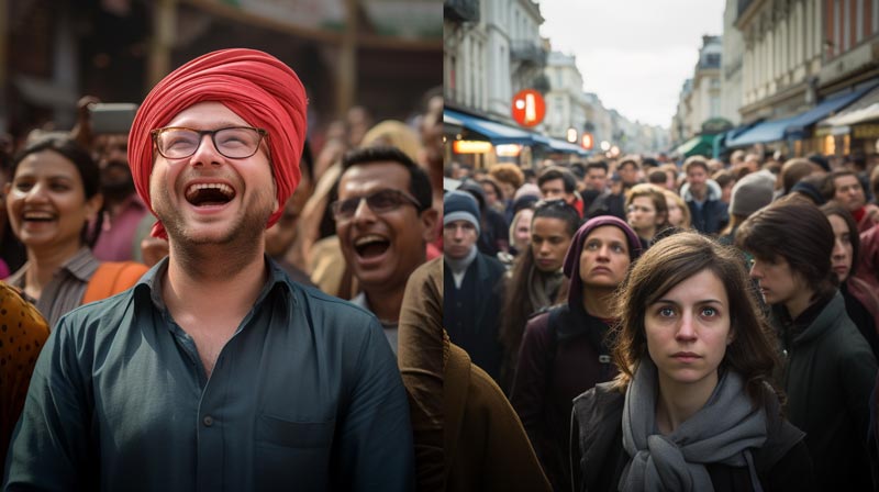 A split screen comparing the subdued expressions of a crowd in India with the more expressive faces of a crowd in France.
