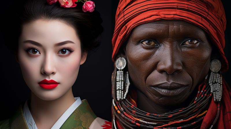 Facial expressions around the world, a split image comparing the calm expression of a Japanese individual with the intense expression of a Maasai warrior.