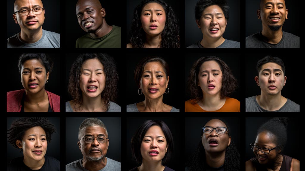 A close-up of faces from diverse cultural backgrounds, each displaying a unique emotion. What can be considered Facial Expressions Around the World.