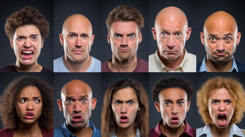 Facial Expressions Around the World. A collage of diverse faces, each clearly showing one of Paul Ekman's seven universal facial expressions