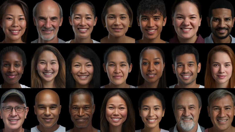 A split-screen showcasing faces from diverse cultures all expressing happiness.