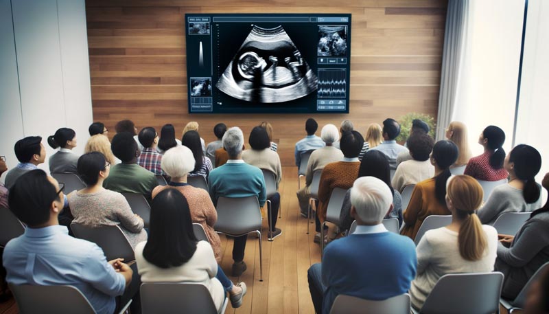 Diverse group of parents in a prenatal class anticipating a baby's first expressions, intently observing a 4D ultrasound projection.