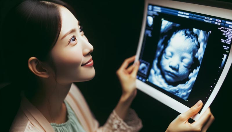 A woman filled with emotion looking at a 4D ultrasound printout of her unborn child.