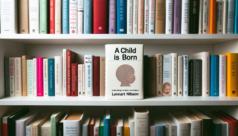 A bookshelf with various parenting books, the central focus being 'A Child Is Born' by Lennart Nilsson. the book shows scans of baby's first expressions.