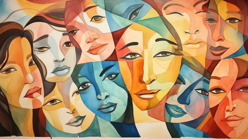 A watercolor painting depicting a tapestry of human faces showing a range of emotions, intertwined with abstract forms representing conversational threads.