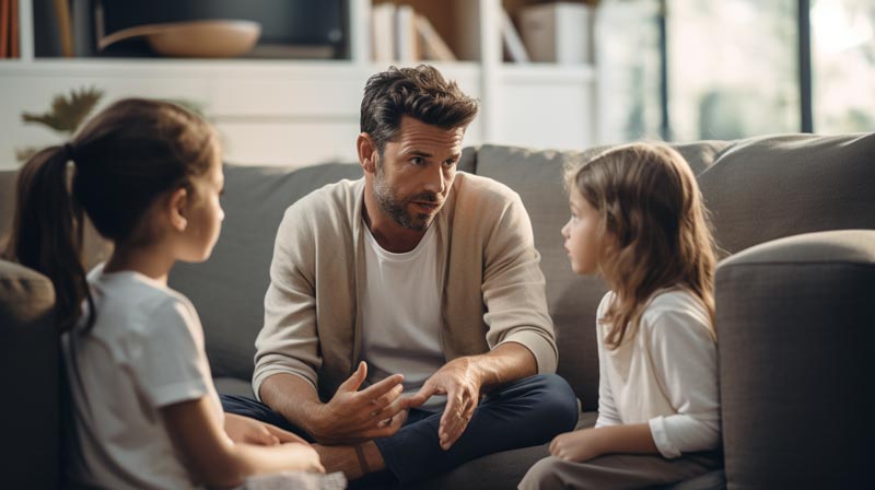 An illustrative image depicting a father sitting with his children in a living room, engaged in a deep conversation. The father is shown listening attentively, with one child speaking earnestly and another observing the interaction. The image captures the nuances of the complexity of conversations.