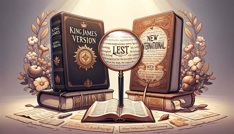 Gospel Accounts of Jesus' Birth, illustration comparing The King James Version and The New International Version of the Bible, with a magnifying glass highlighting language differences.