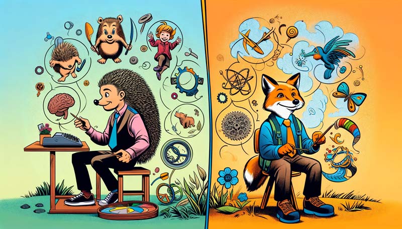 A playful, comic-style image showing two children, one embodying hedgehog traits of focus and determination, and the other displaying fox-like curiosity and multiplicity of interests.