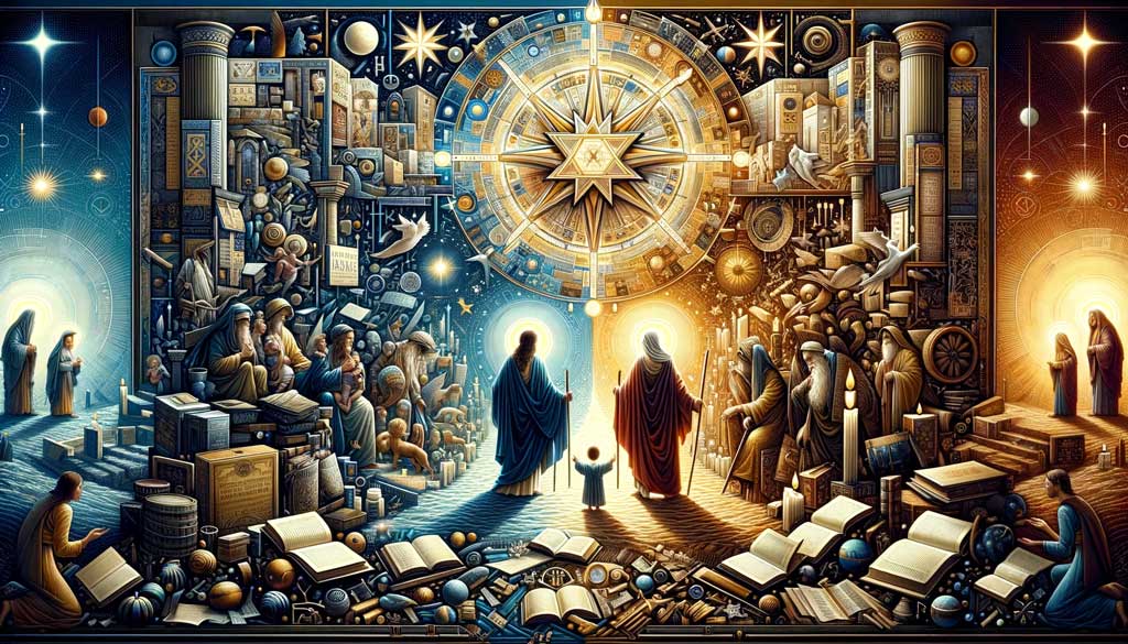 Artistic representation combining elements from Matthew and Luke’s gospel accounts of Jesus' birth, featuring ancient texts, star imagery, and cultural symbols.