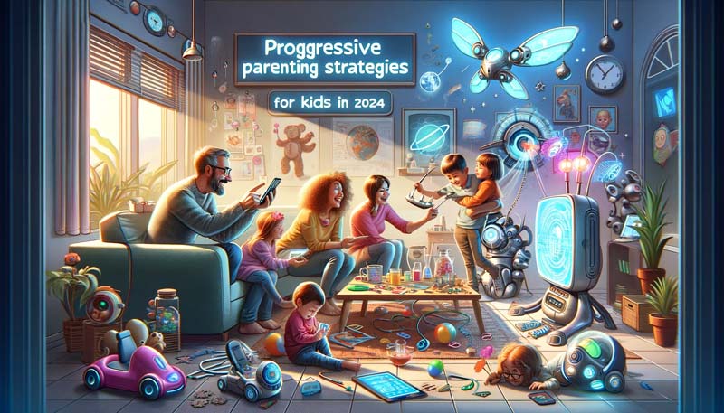 A diverse family interacting with advanced gadgets and educational tools in a cozy, futuristic living room, showcasing a blend of tradition and modernity in parenting.