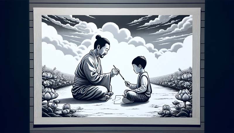 A black and white drawing of a parent and child engaged in a project. Progressive parenting strategies for kids in 2024, symbolising supportive yet non-dominating parenting.