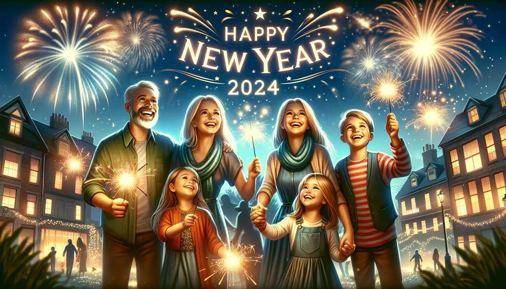 An image showing a joyful family celebrating New Year 2024 with fireworks, sparklers, and a festive atmosphere. A progressive parenting strategies for kids in 2024.