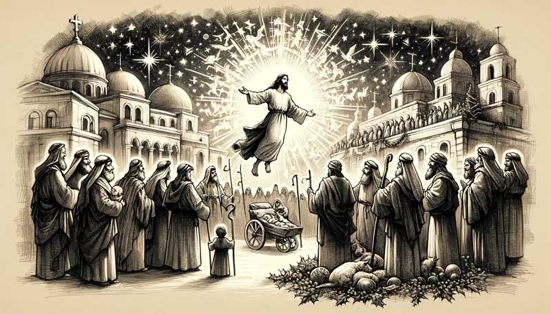 Artistic sketch depicting the nuanced narratives of Matthew and Luke in the gospel story of Jesus' birth