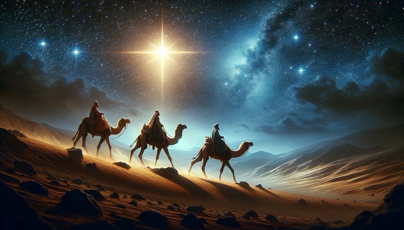 Artistic interpretation of the Magi's journey to Bethlehem under a starry sky.