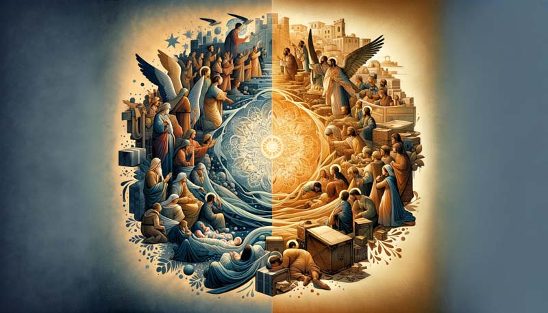 An artistic wide-format illustration showcasing the intertwined narratives of Matthew and Luke's accounts of Jesus' birth, symbolizing the harmonious union of political context and intimate details.