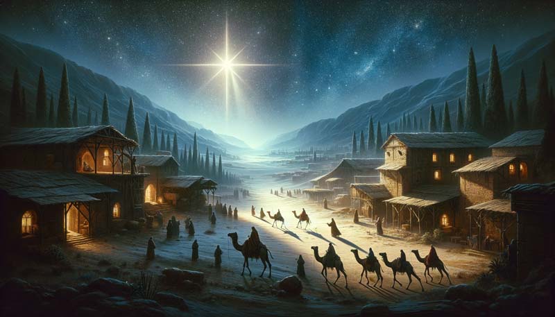 Gospel accounts of Jesus' birth, an artistic depiction of Bethlehem during ancient times under a starlit sky.