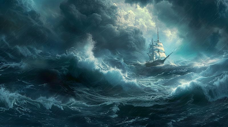 A lone ship battles large, violent waves in a turbulent sea, symbolising the struggle with depression and PTSD.