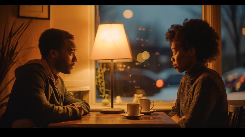 A black man and woman engage in a heartfelt conversation at a small table in a cozy, dimly lit room, showcasing a warm and intimate setting.