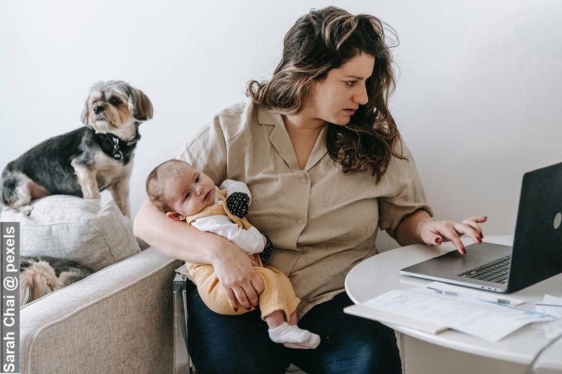 Mother Multitasking Looking After Child and Dog Whilst Working