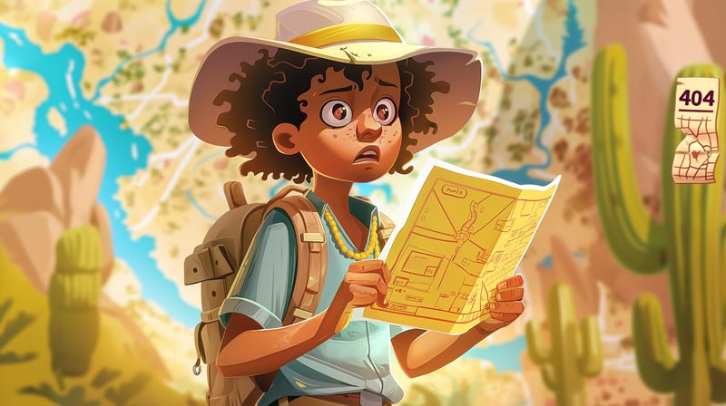 Navigational Mishap A cartoon explorer looks bewildered at a map, with '404' in the backdrop, symbolising a lost webpage on Nursing Daddy.